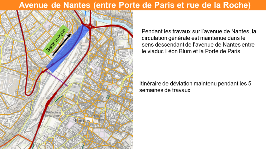 L'image montre la modification de circulation sur l'Avenue de Nantes entre la porte de Paris et la rue de la Roche