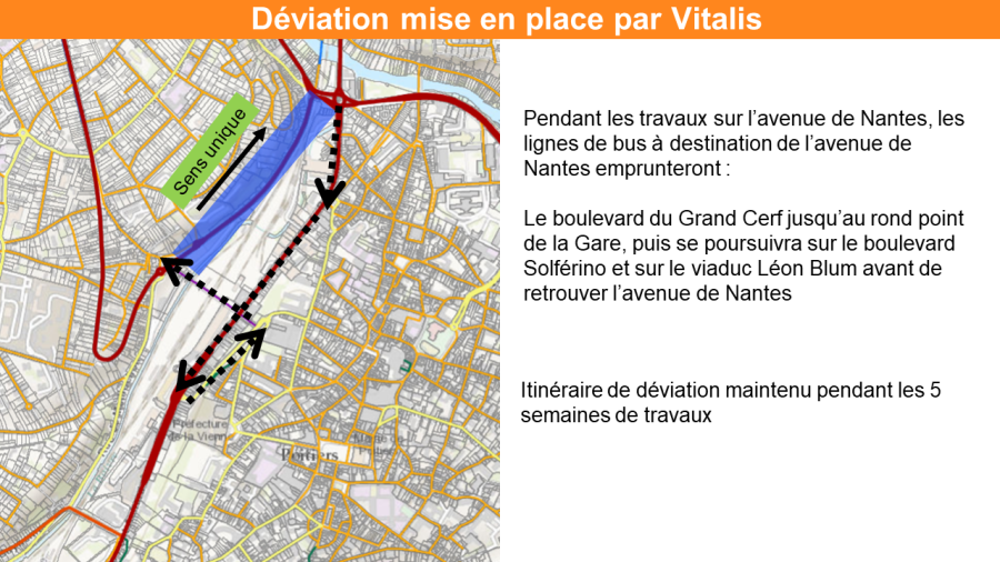 L'image montre la modification de circulation pour les bus sur l'Avenue de Nantes 