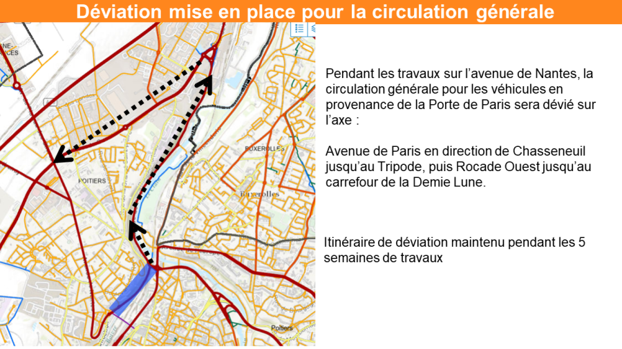 L'image montre la modification de circulation sur l'Avenue de Nantes pour la circulation générale